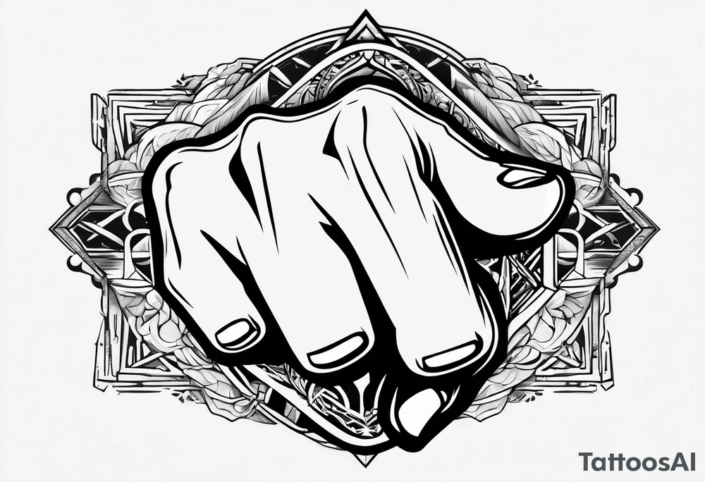 A clenched fist, the hand contains five fingers as specified, the tattoo is a back tattoo using negative space drawing techniques tattoo idea