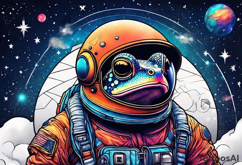 Toad with astronaut helmet looking at galaxy tattoo idea