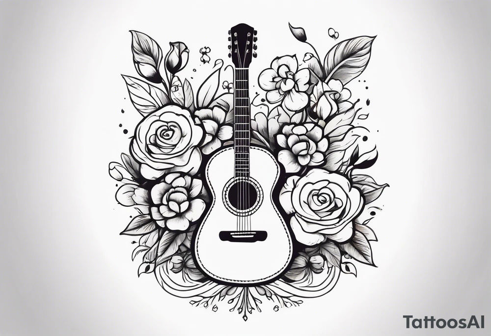 old school traditional vintage style design of guitar with flowers surrounding it tattoo idea