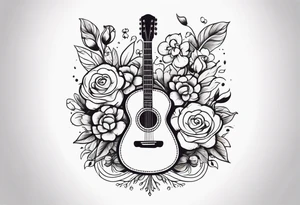 old school traditional vintage style design of guitar with flowers surrounding it tattoo idea