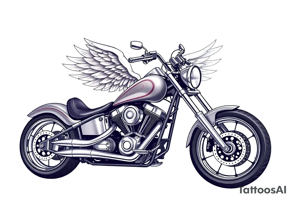 Low rider grey motorcycle, flames, angel wings tattoo idea