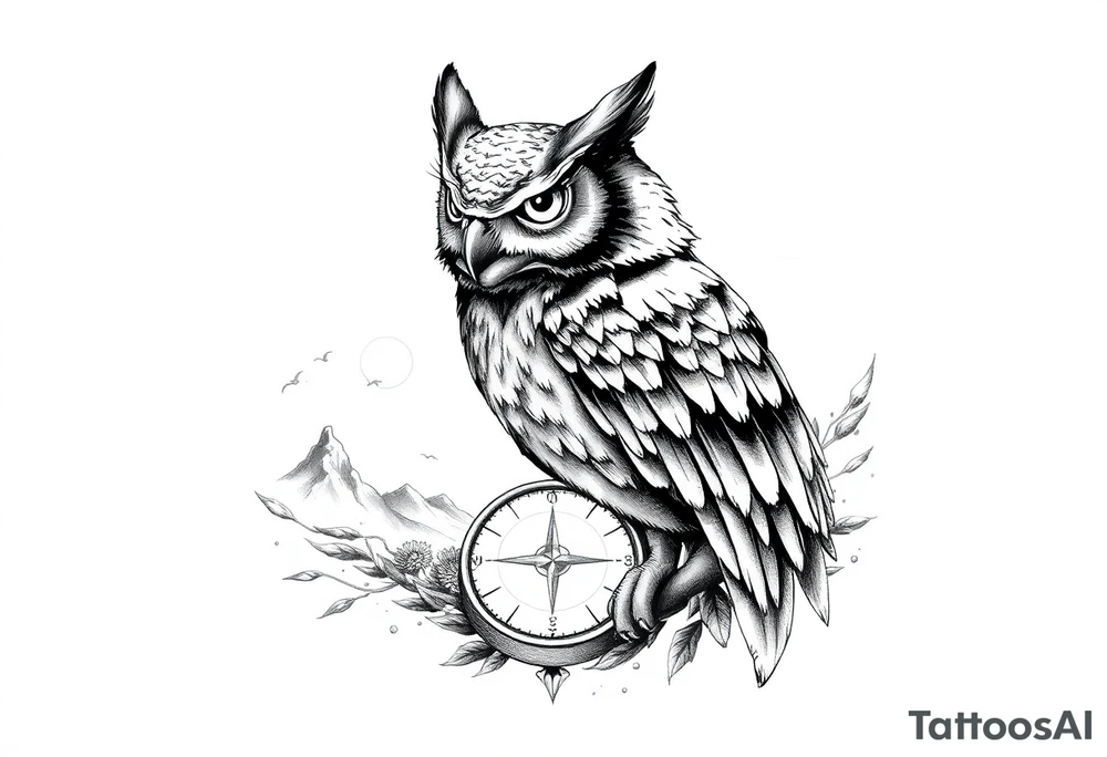 an owl,a compass,landscape. tattoo idea