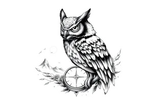 an owl,a compass,landscape. tattoo idea