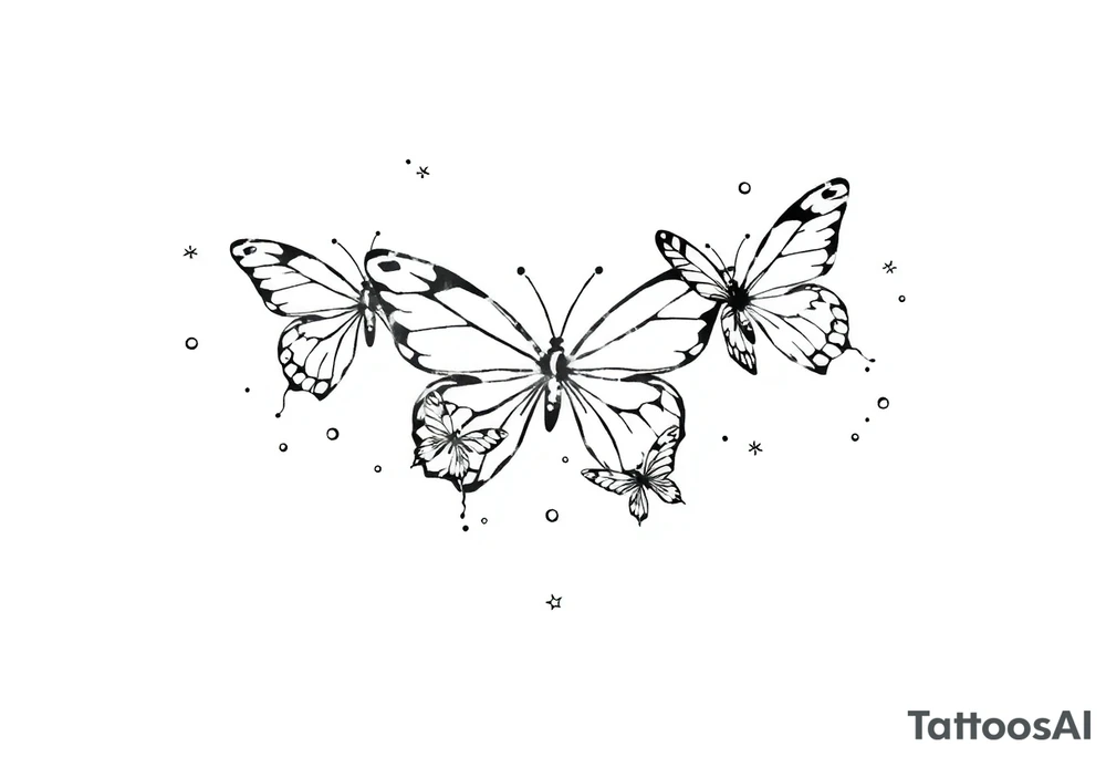 Simple outline of flying butterflies with lots of sparkles and bubbles tattoo idea