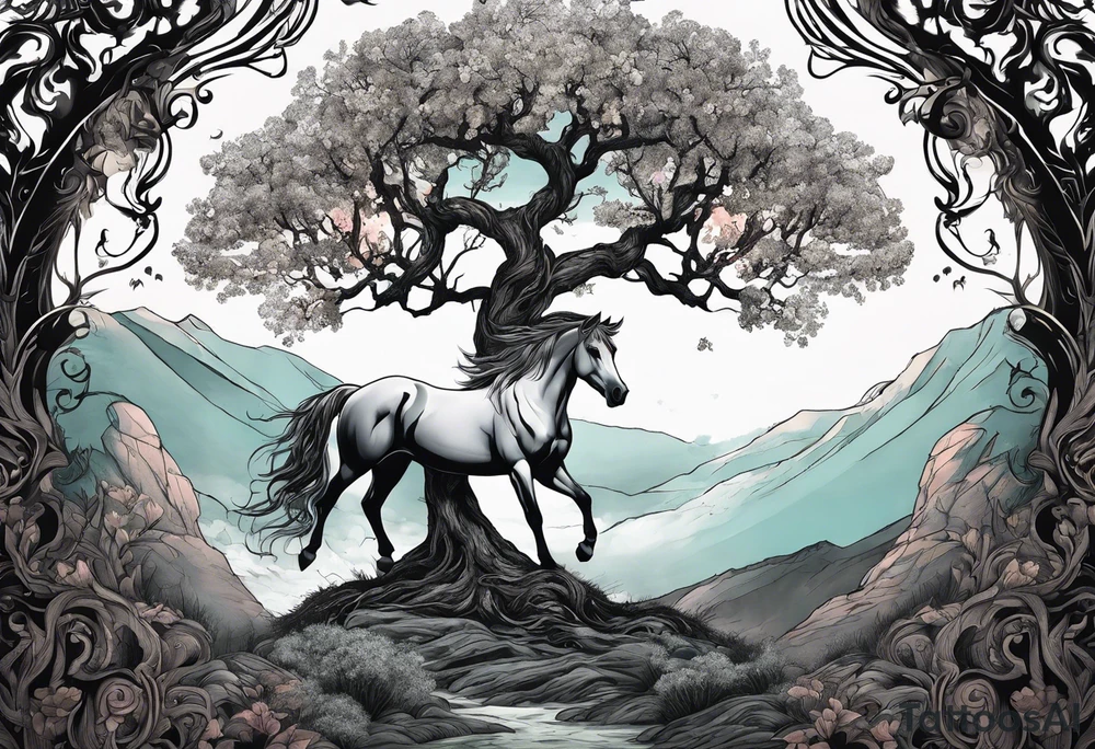 Realistic Horse and Yggdrasil tree tattoo idea