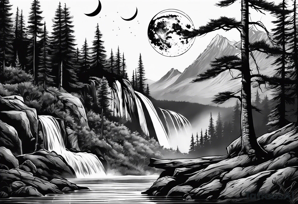 Waterfall with nature and the moon and the a wolf tattoo idea