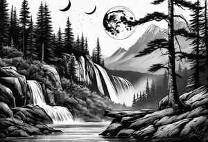 Waterfall with nature and the moon and the a wolf tattoo idea