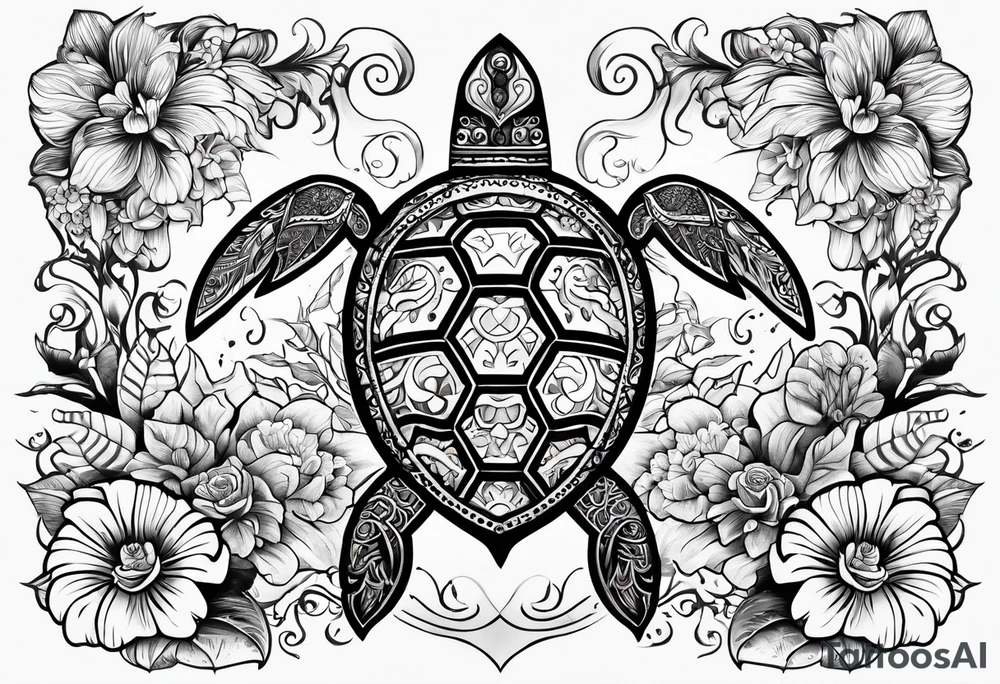 Steve and chest, Viking, Hawaiian, sea Turtle, flowers tattoo idea