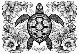 Steve and chest, Viking, Hawaiian, sea Turtle, flowers tattoo idea