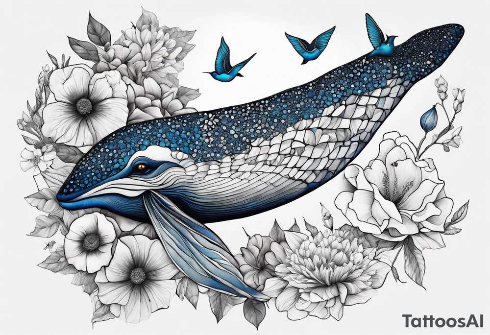 Surrealism, blue whale, hummingbird, gray lady face, flowers, bold color, collage tattoo idea