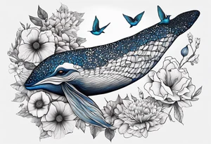 Surrealism, blue whale, hummingbird, gray lady face, flowers, bold color, collage tattoo idea