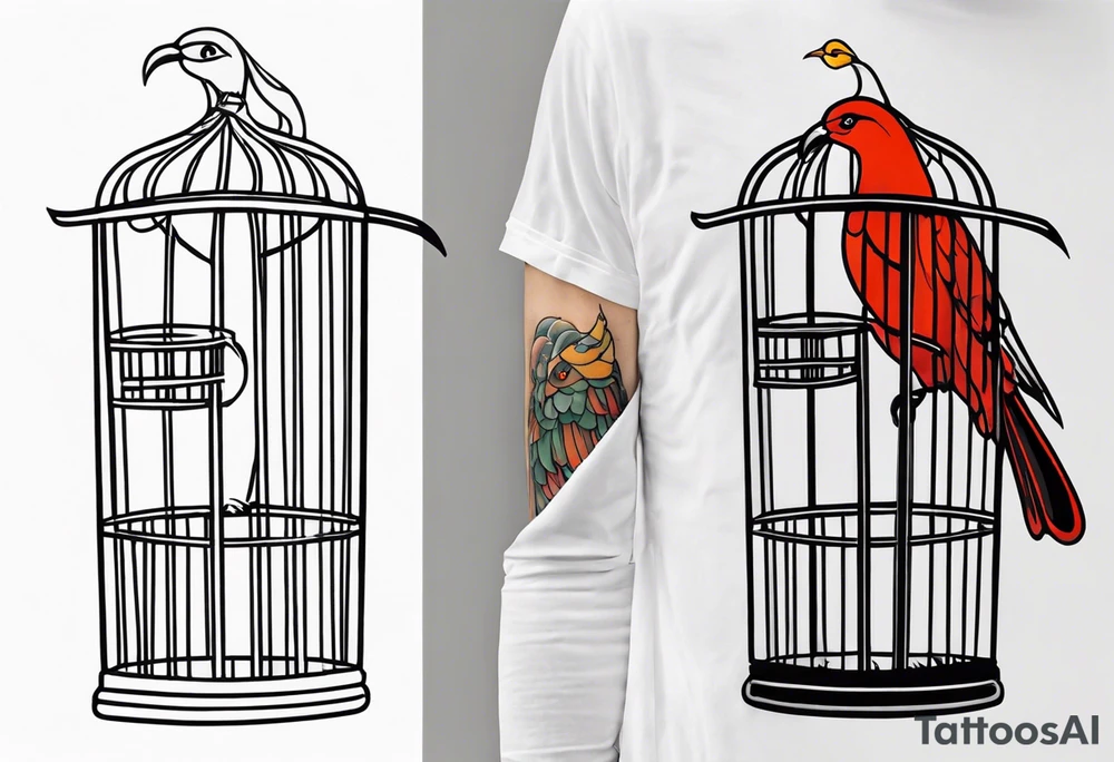 neo traditional decoration only on the left side, on the top of a long bird cage with a too big bird in it. tattoo idea