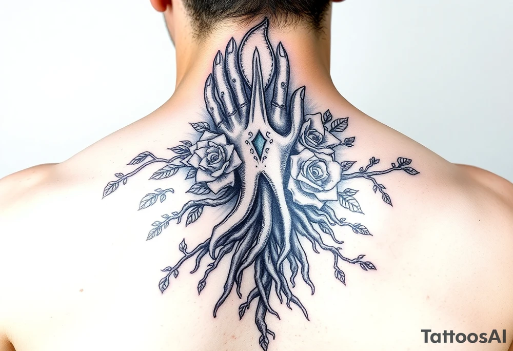 Gods hand, squid knight with roses and tree roots tattoo idea