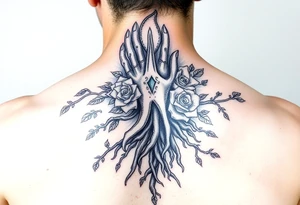 Gods hand, squid knight with roses and tree roots tattoo idea