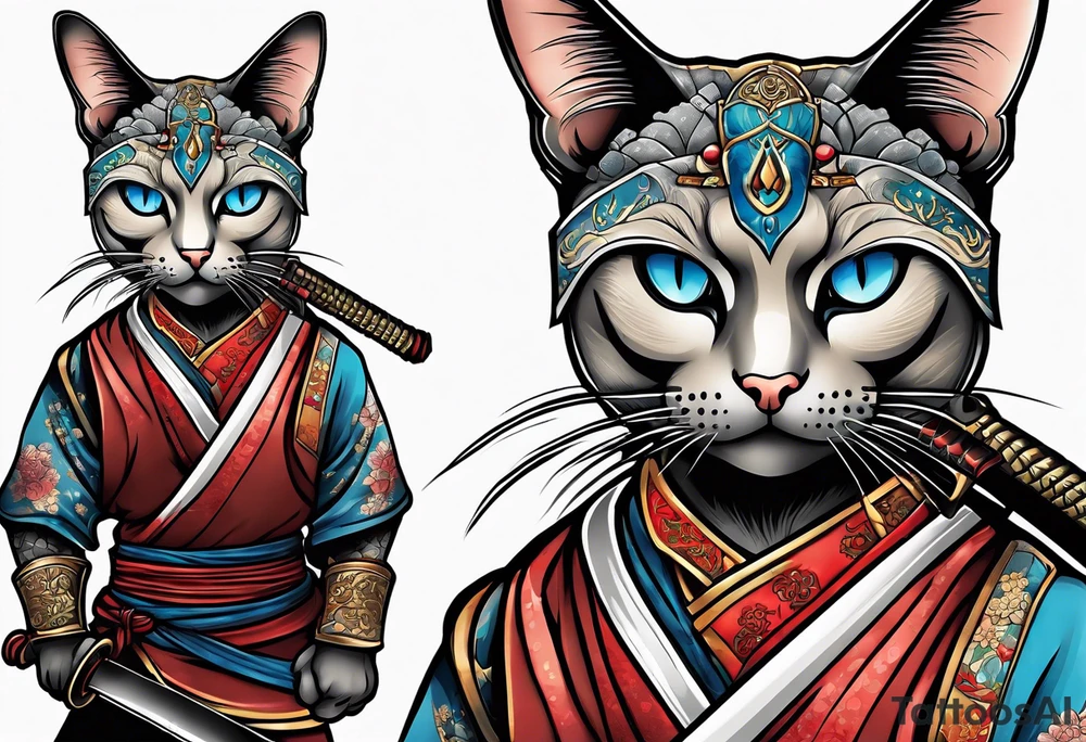 A siamese cat standing up wearing a ronin armor and holding a katana tattoo idea