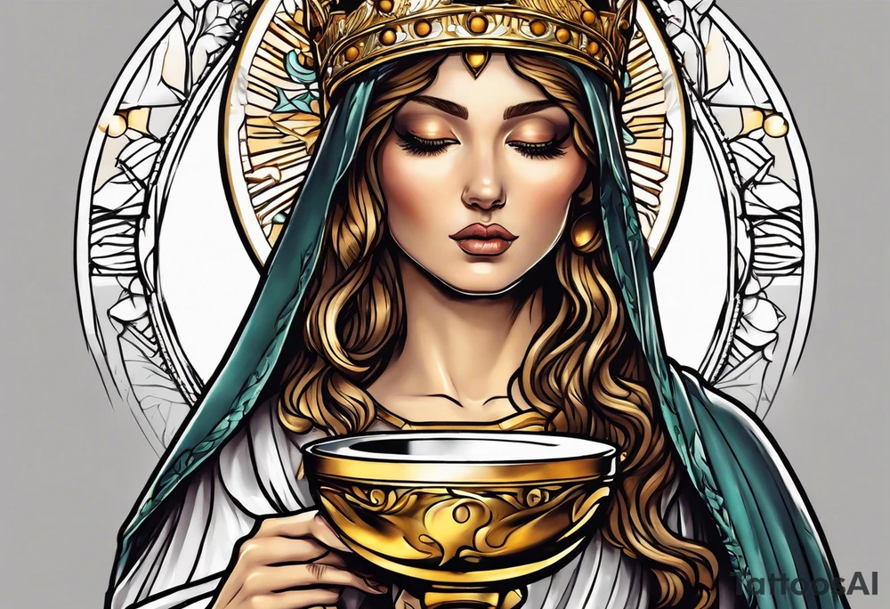 woman saint holding chalice surrounded by golden halo tattoo idea