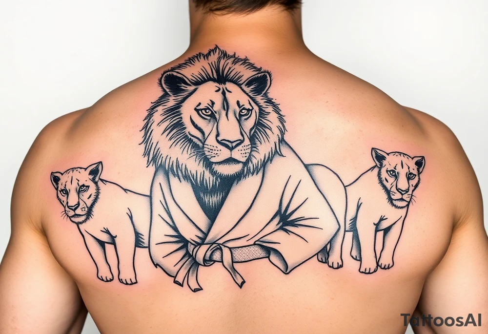Lion in the Serengeti wearing a Brazilian jiu jitsu gi as a person would along side his two sons tattoo idea