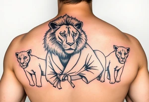 Lion in the Serengeti wearing a Brazilian jiu jitsu gi as a person would along side his two sons tattoo idea