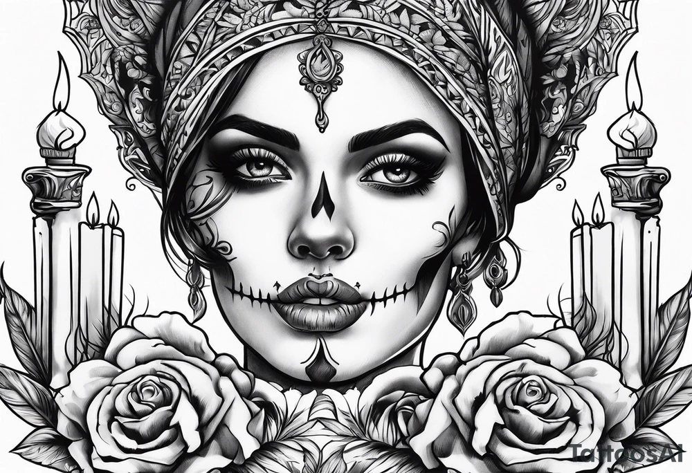 Skull and candle woman's face above tattoo idea