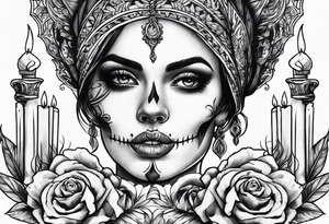 Skull and candle woman's face above tattoo idea