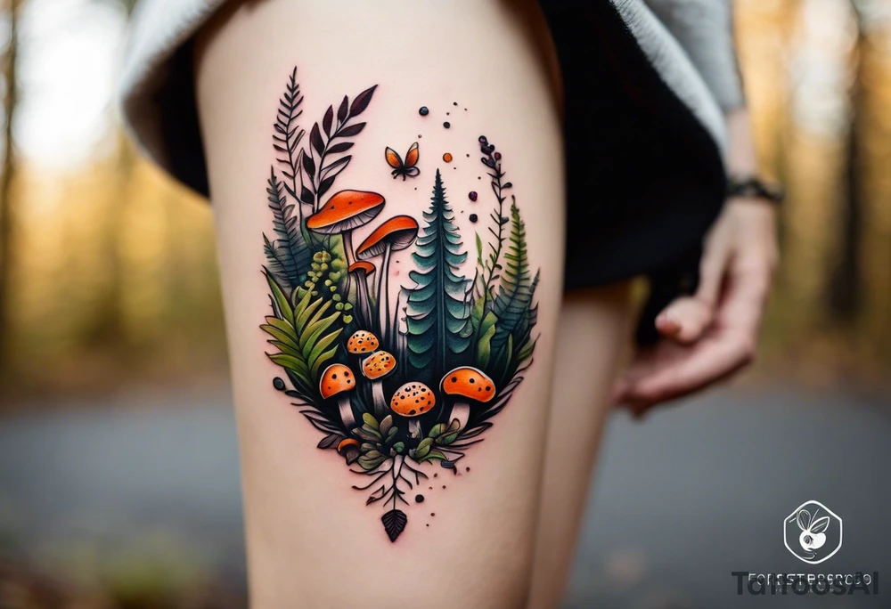 minimalistic forest floor inspired tattoo, which includes grass, moss, curly ferns and dead leaves as the bulk of the tattoo. details to include: forest berries, couple of very small brown mushrooms, a tiny bumblebee flying nearby tattoo idea