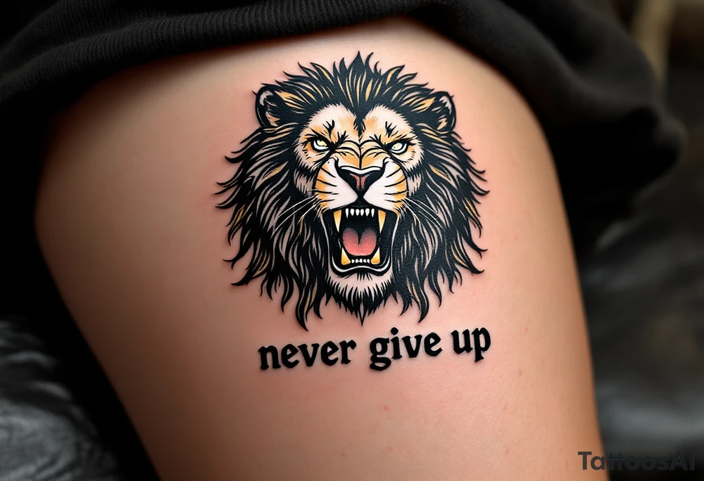 A black and gold lion's face roaring above the words "never give up" in bold block letters. tattoo idea