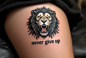 A black and gold lion's face roaring above the words "never give up" in bold block letters. tattoo idea
