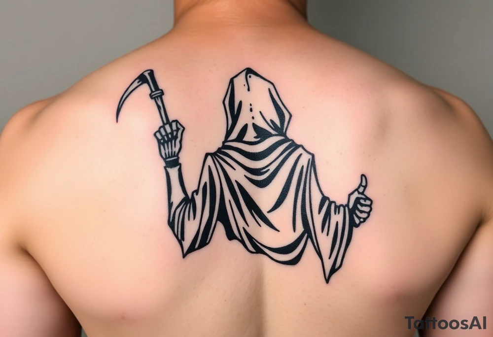 Simple grim reaper looking back holding his hand out to hold tattoo idea