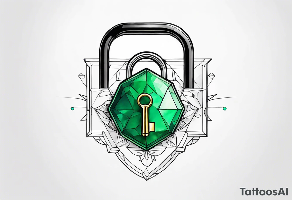 Lock and key with emerald stone tattoo idea