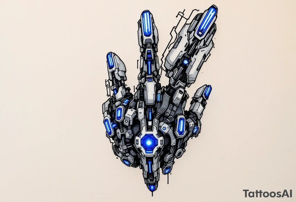 A futuristic biomechanical hand design with sapphire-blue lines tracing each finger like circuits. tattoo idea