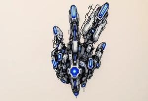 A futuristic biomechanical hand design with sapphire-blue lines tracing each finger like circuits. tattoo idea