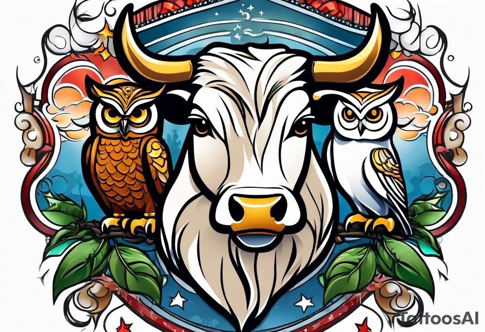 a cow and an owl at wrestle mania tattoo idea