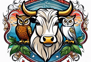 a cow and an owl at wrestle mania tattoo idea