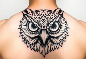 Owl head with large intense tripping on acid colored eyes tattoo idea