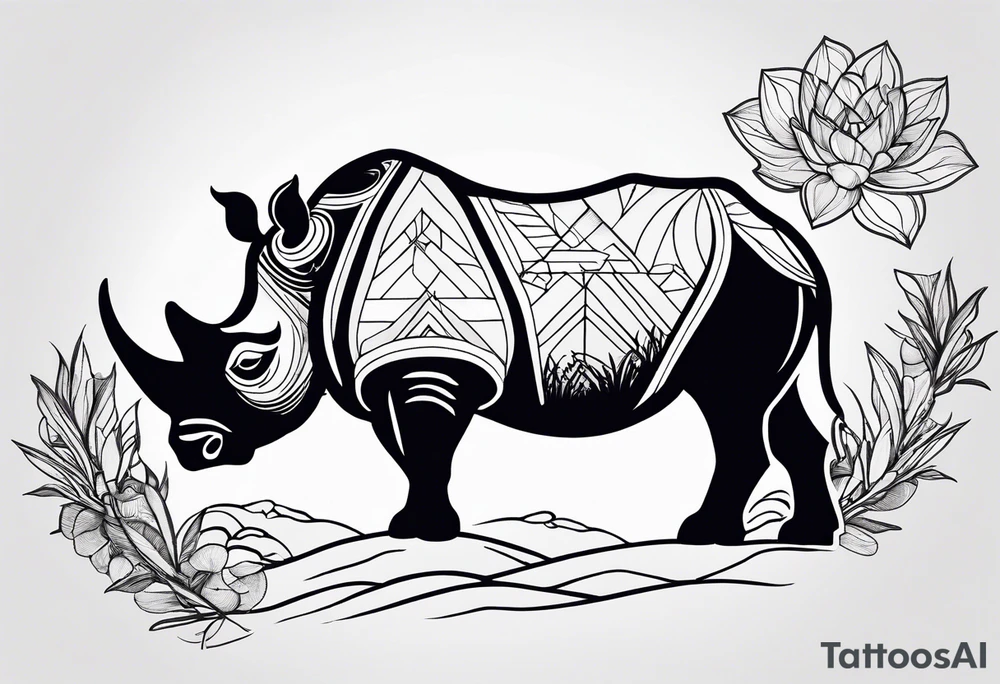 Fineline minimalistic tattoo with African continent, rhino, camping which indicates adventure spirit, symbol of strength,  motherhood, pisces starts, lotus tattoo idea