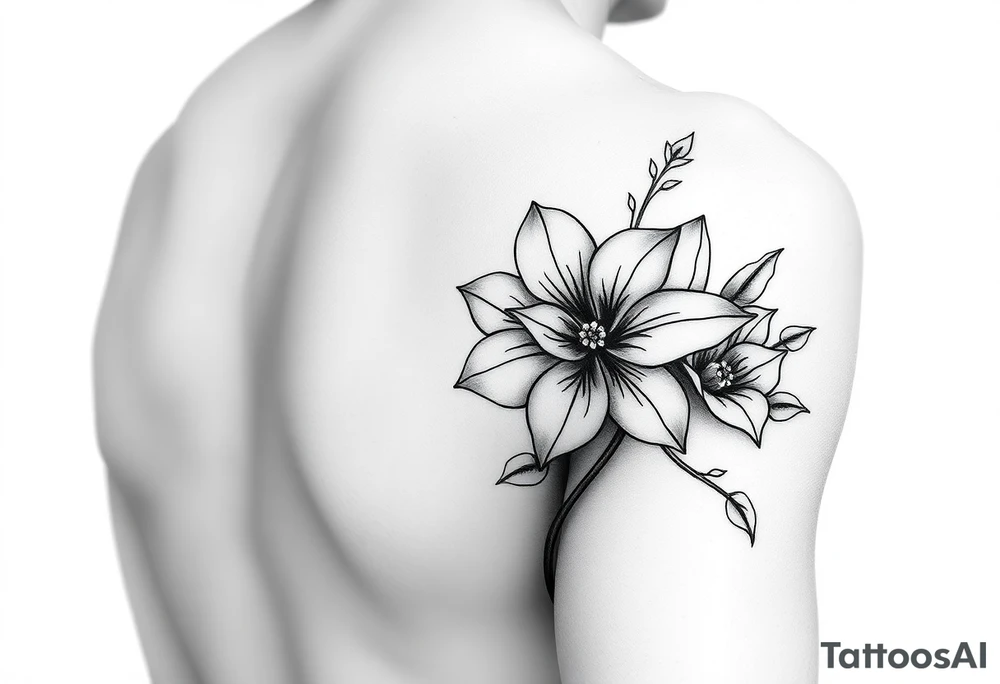 Hong kong flower, no stars inside the flower, the center of the flower is on the right elbow and wraps around the right 
arm. tattoo idea
