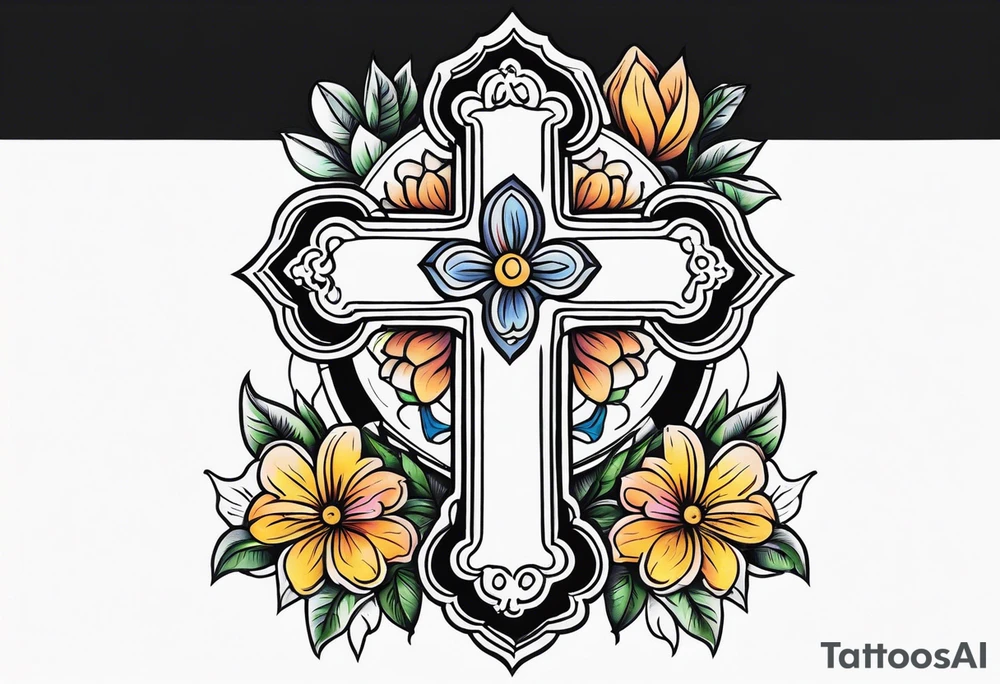 plain cross surrounded with flowers colorful tattoo idea