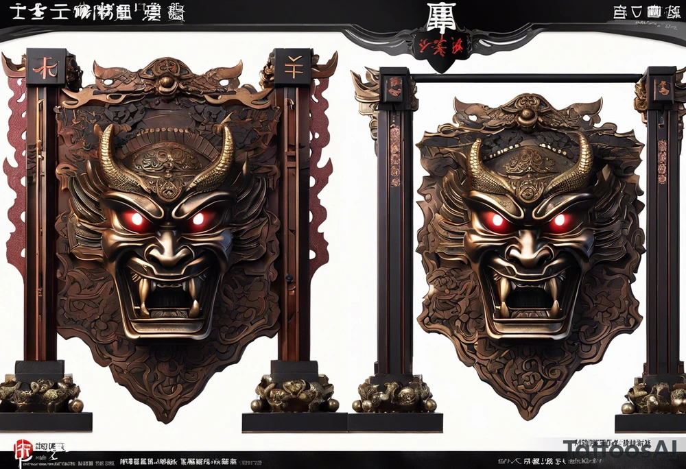 very little torii gate in biomechanical style. 15% of size, placed in bottom 

Above the gate is a bust of Dominant demonic and formidable face with royal king features, has a slight evil grin and a devil fang teeth, similar to skull features, framed by deep-set glowing galaxy eyes, head has crown of prominent purple deep blue flames (Not standalone horns) with intricate recognizable swirling galaxy and peacock feather textures.

face has intricate swirling biomechanical tattoo texture. prominent colours are blue, violet, deep purple, with orange highlights.

face has braids hanging with feathers at end. face is 85% of size and is above gate tattoo idea