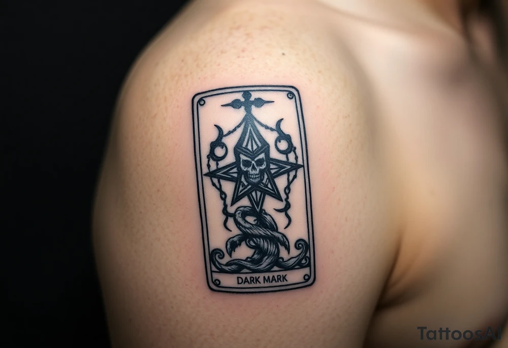 A gothic-style tarot card featuring the Dark Mark, with hauntingly detailed engraving tattoo idea