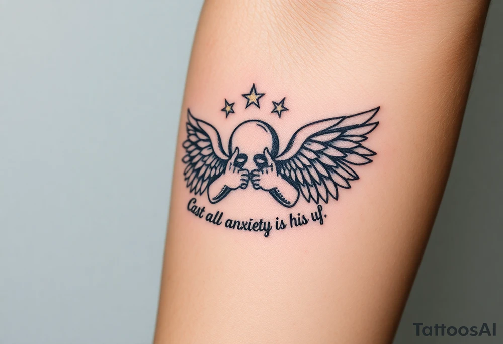 cast all your anxiety on him because he cares for you" with angels tattoo idea