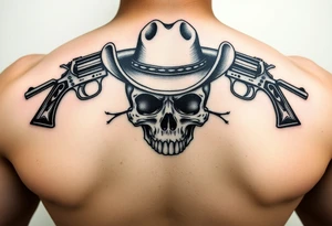 skull with cowboy-hat beneath two guns. tattoo idea