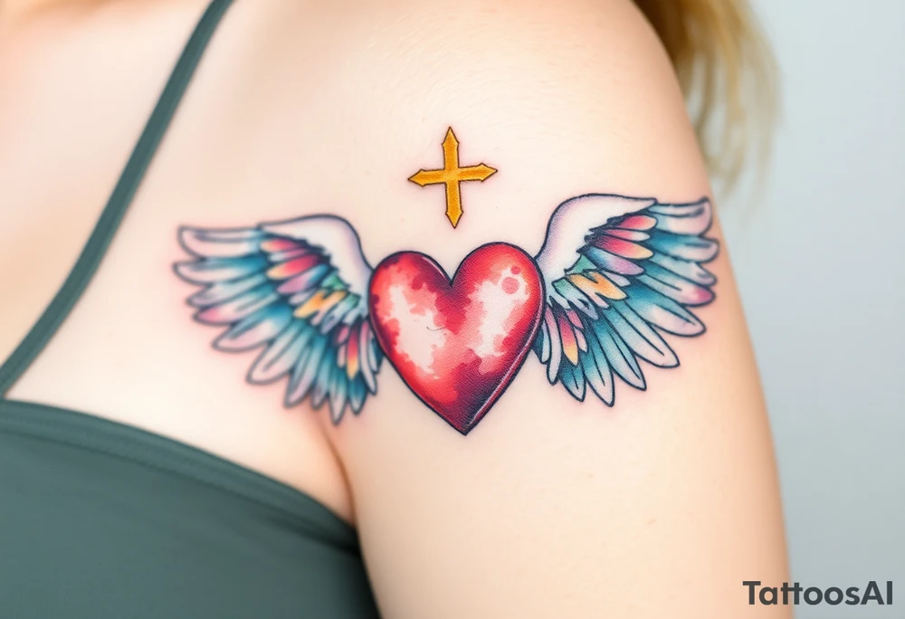 dainty catholic sacred heart with angel wings tattoo idea