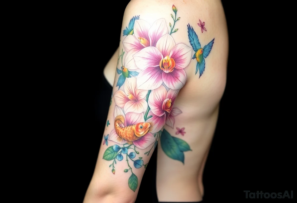 orchid flower ,  Coi fish and colorful birds tattoo idea