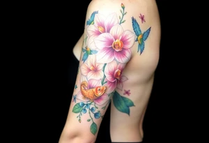 orchid flower ,  Coi fish and colorful birds tattoo idea