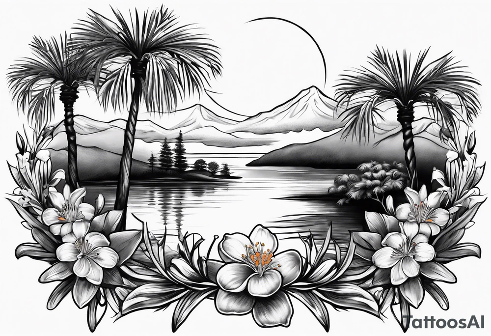 Orange blossoms with palmettoes and cypress trees tattoo idea