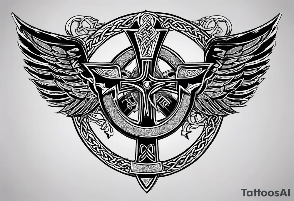 Create a tattoo that expresses the Celtic heritage, Christian faith, American patriot. This is an all black tattoo and is very masculine and tough tattoo idea