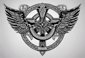 Create a tattoo that expresses the Celtic heritage, Christian faith, American patriot. This is an all black tattoo and is very masculine and tough tattoo idea