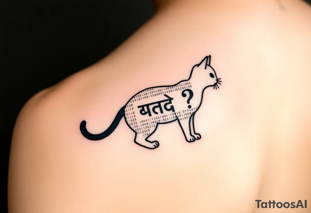 "Minimalist black tattoo of a quantum cat. Design elements:  
1. Outline made of binary code (alternating 0 and 1, crisp 1.5mm lines)  
2. Negative space inside body reveals hidden Sanskrit text ('अवलोकन न करें') when tilted  
3. Tail curves into a question mark  

Technical specs:  
- Pure black ink  
- Size: 8x5cm (forearm placement)  
- Style: geometric dotwork with optical illusion  

Philosophical hook: 'The cat only exists when unobserved'" tattoo idea