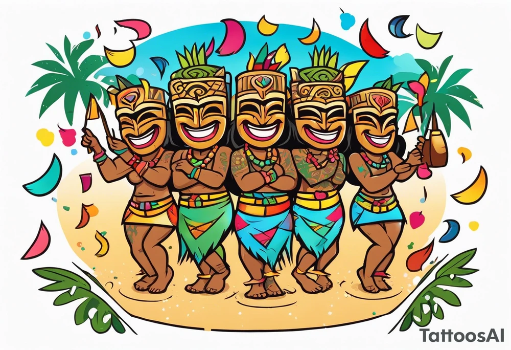 hulu tiki party with dancing tiki guys and sexy tiki girls on a beach with music notes and confetti around a blank space in the middle tattoo idea