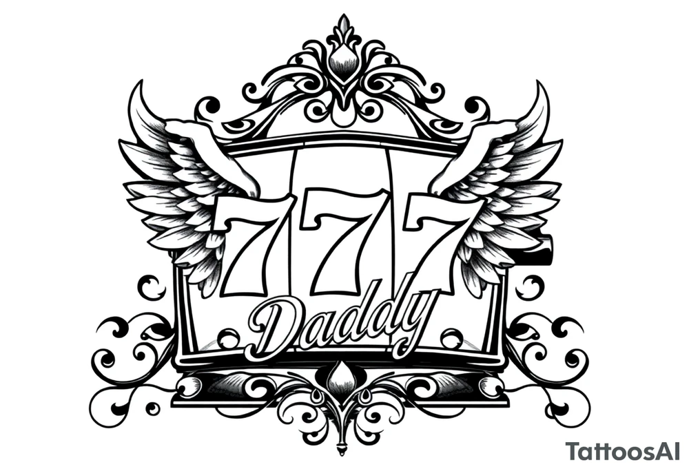 Slot machine with 777 with angel wings and word Daddy tattoo idea